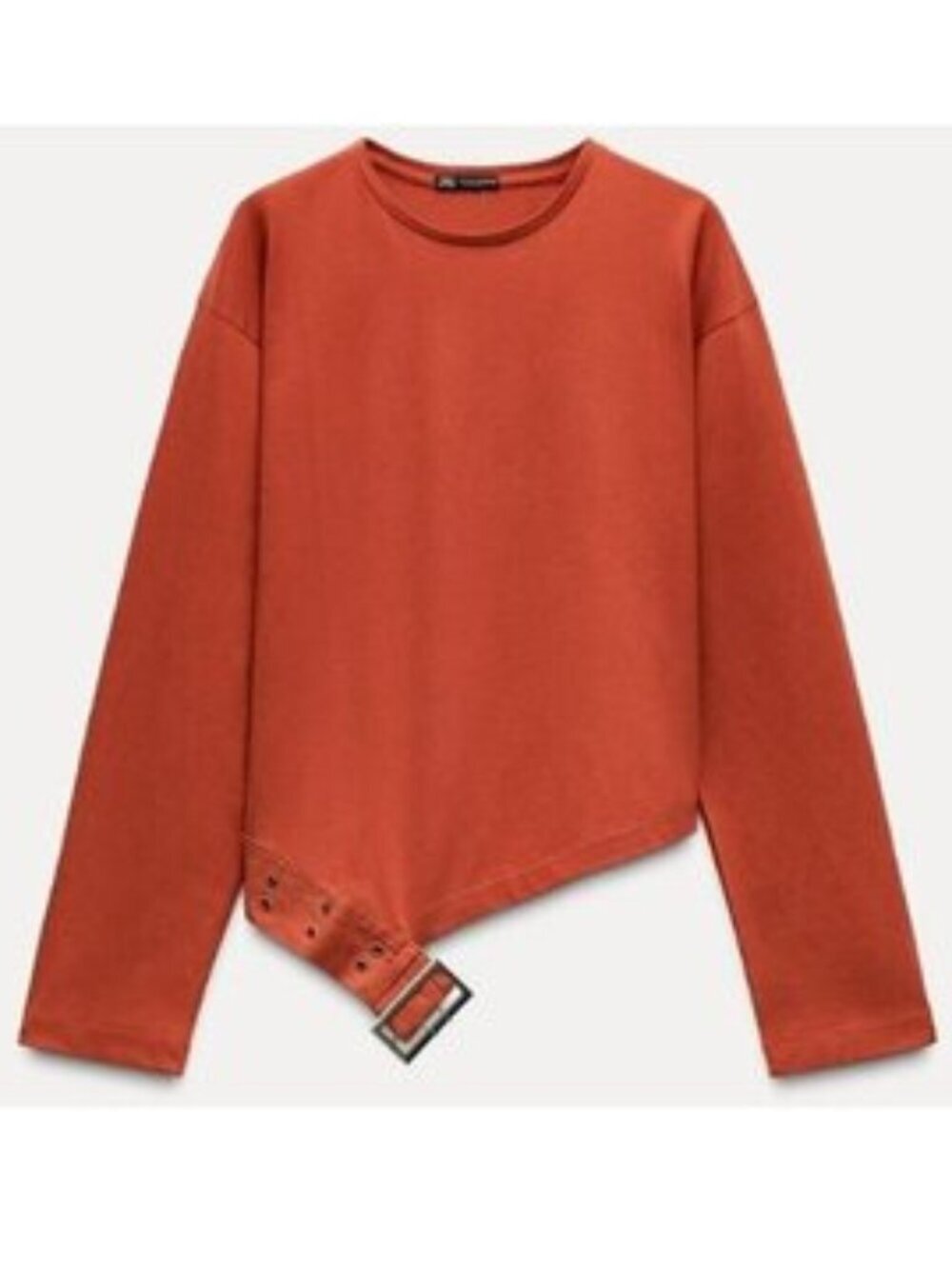 Zara Belted Crop Top L Burnt Orange Buckle Hem Long Sleeve Statement NWOT